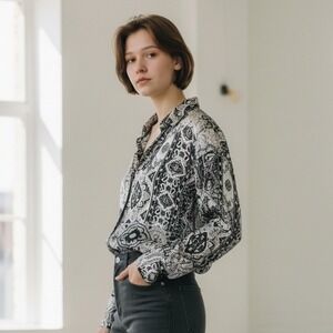 Haver London Black White Paisley Patchwork Button Down Blouse XS Top Shirt